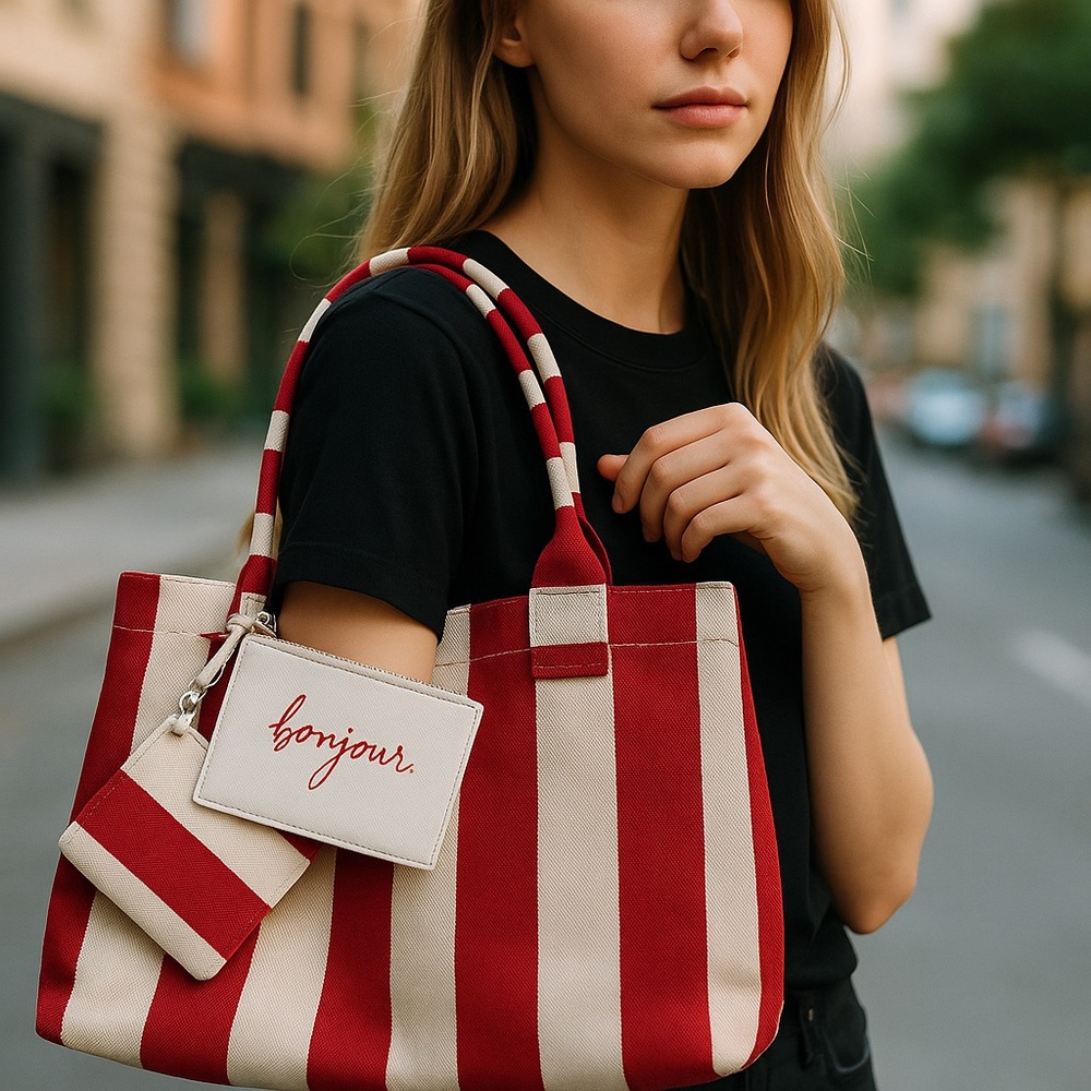 NWT Rae Dunn Red/white Striped Tote -Bonjour